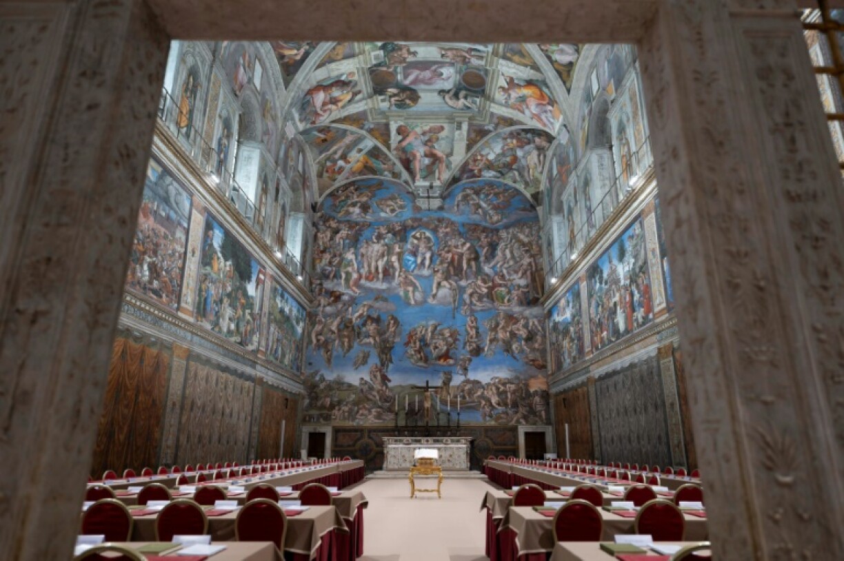 The Sistine Chapel has been kitted out with rows of desks and chairs to accommodate the 133 cardinal electors who will choose the next pope over the next several days