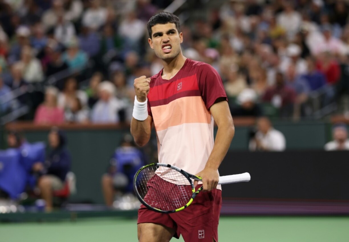 Focused: Carlos Alcaraz of Spain celebrates a point in his third-round victory over Canadian Denis Shapovalov of Canada at Indian Wells