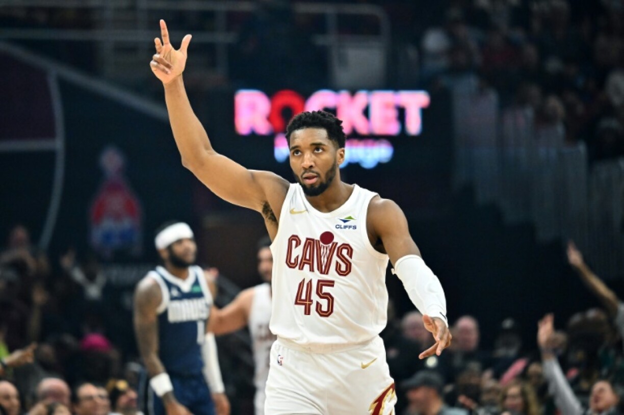 Cleveland's Donovan Mitchell celebrates during the first quarter of the Cavaliers' blowout NBA victory over the Dallas Mavericks