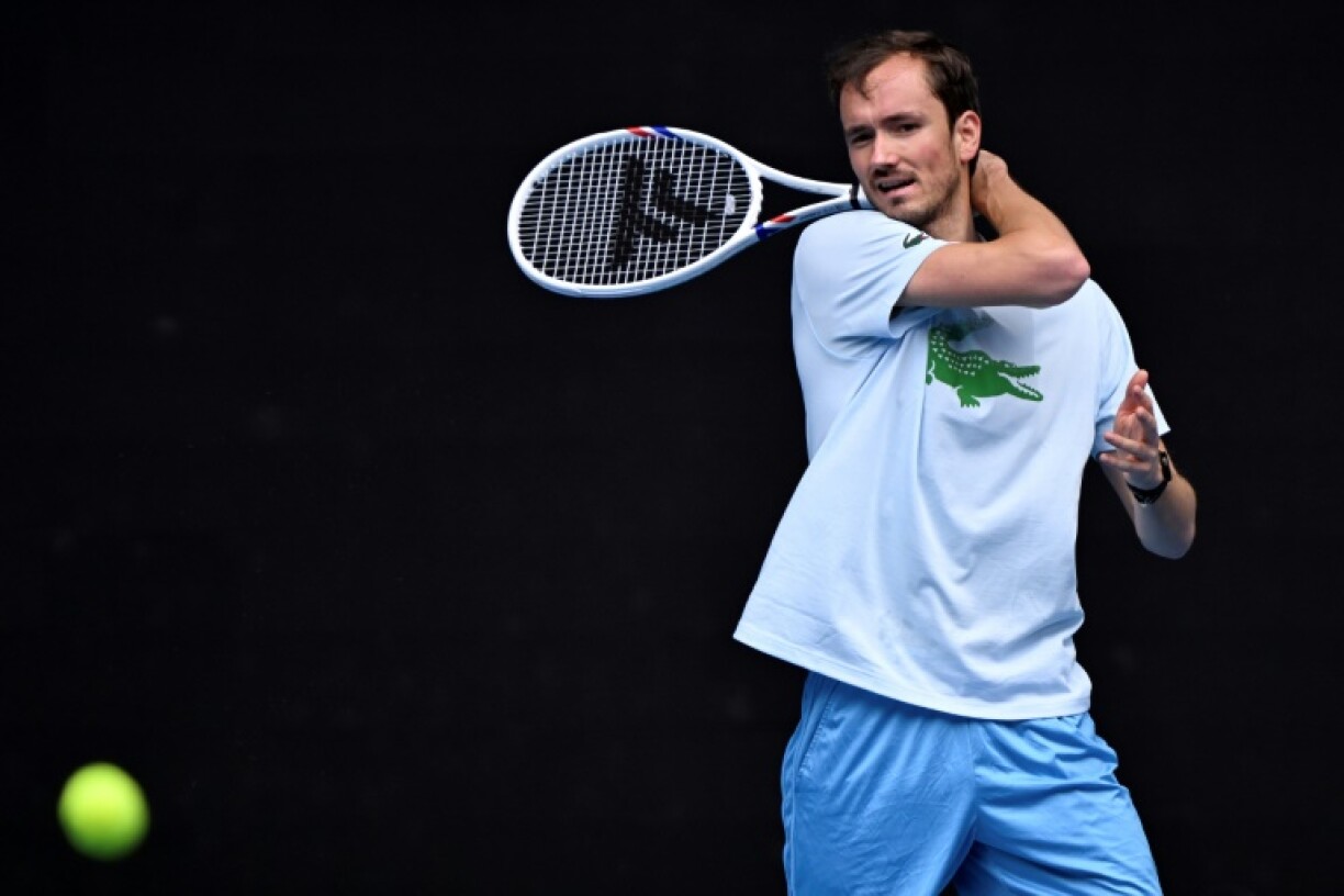 Russia's Daniil Medvedev hits a return during a training session ahead of the Australian Open