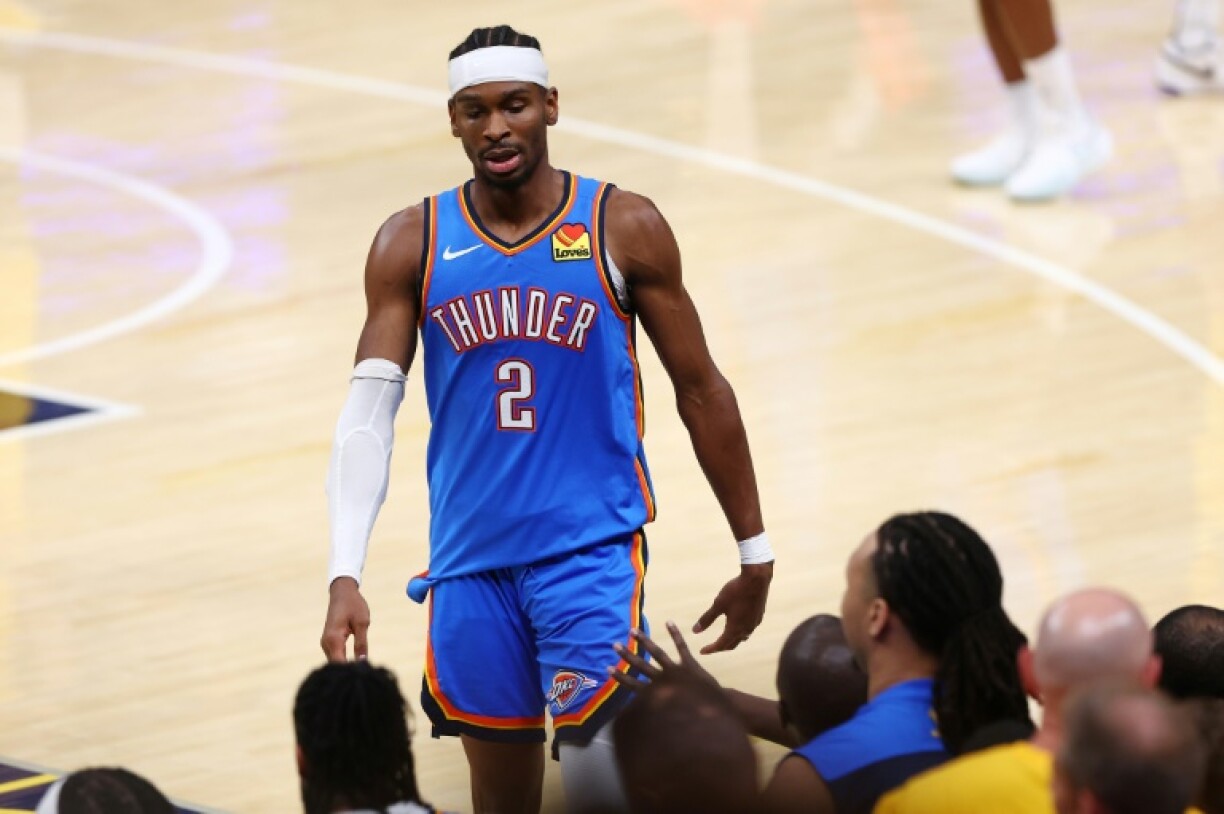 Shai Gilgeous-Alexander of the Oklahoma City Thunder reacts during the Thunder's loss to the Indiana Pacers in game six of the NBA Finals