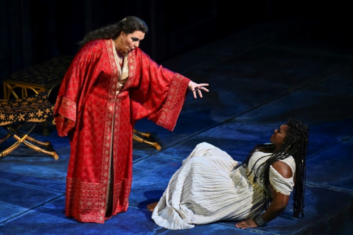 Opera singers Judith Kutasi (L) and Angel Blue perform during Giuseppe Verdi's