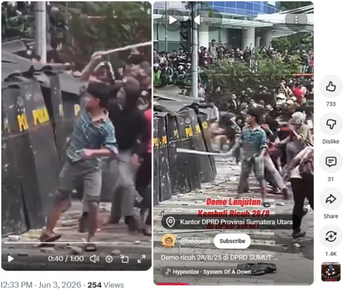 Screenshot comparison of the falsely shared video (L) and the August 2025 YouTube video