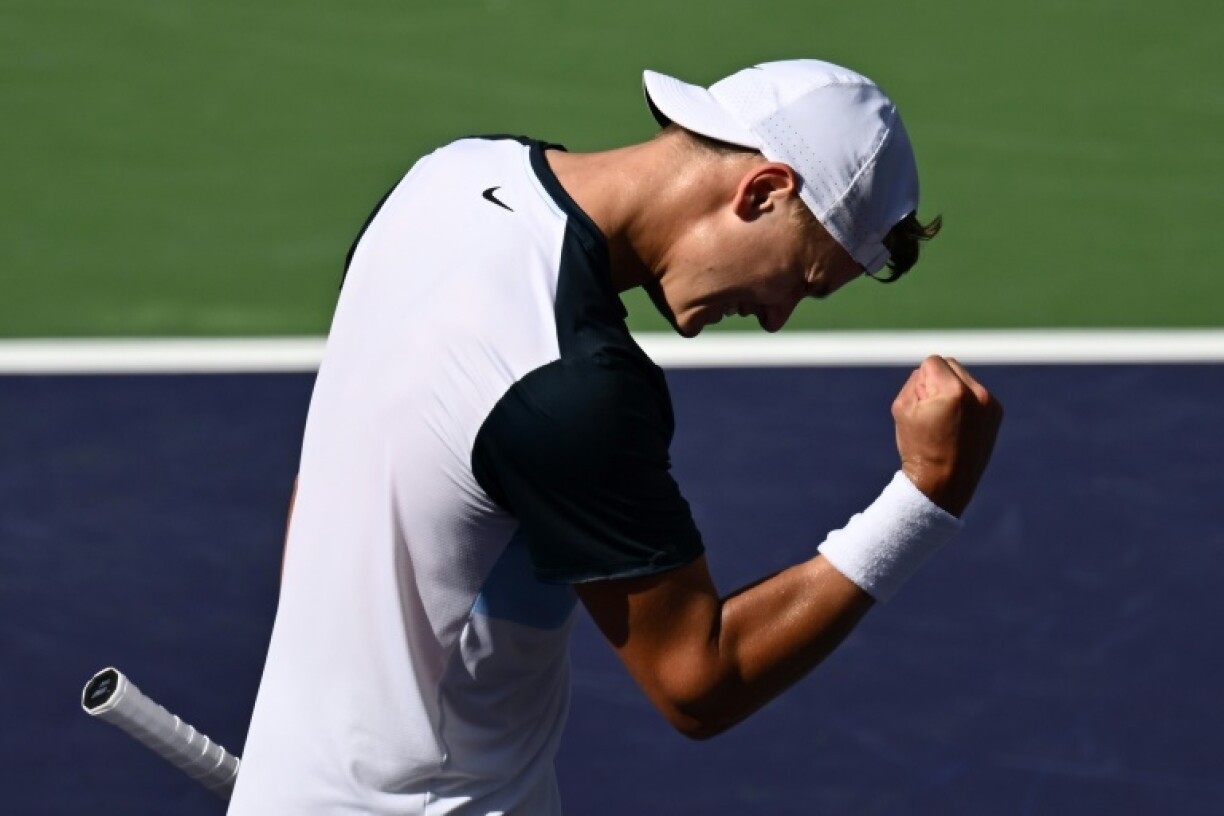 Denmark's Holger Rune celebrates his semi-final victory over Russian Daniil Medvedev at Indian Wells