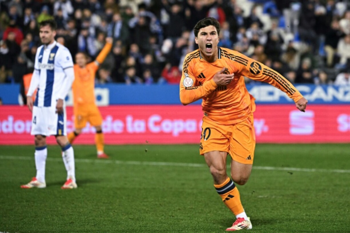 Real Madrid's Spanish forward Gonzalo Garcia celebrates scoring their third goal against Leganes