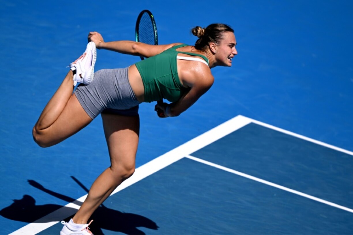 Aryna Sabalenka serves during a practice session in Melbourne Friday ahead of the Australian Open