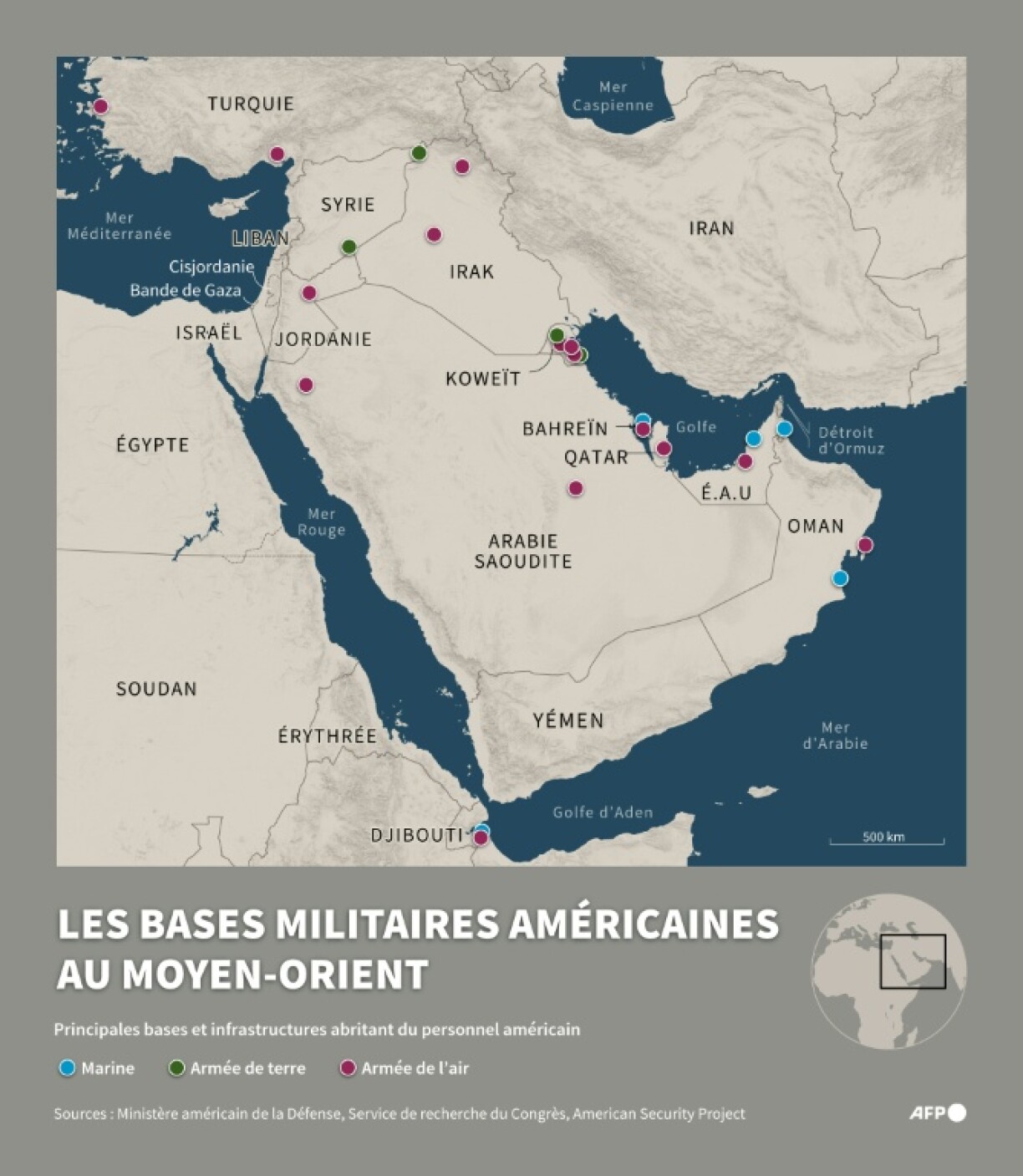 Carte du Moyen-Orient montrant les principales bases militaires et infrastructures où se trouve du personnel américain, classées par branche - armée de terre, de l'air et marine