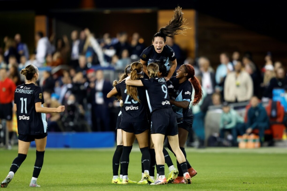 Gotham FC players celebrate Rose Lavelle's winner in their NWSL championship final victory over Washington Spirit