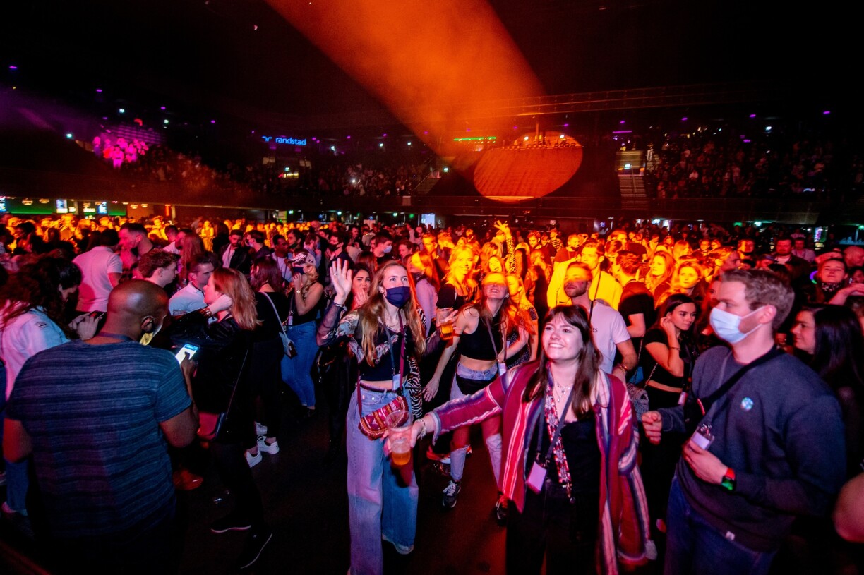 Dancers gather during an event at The Ziggo Dome in Amsterdam on March 6 2021, as part of a series of events in which 'Fieldlab' investigates how large groups of people can come together during the ongoing coronavirus pandemic.