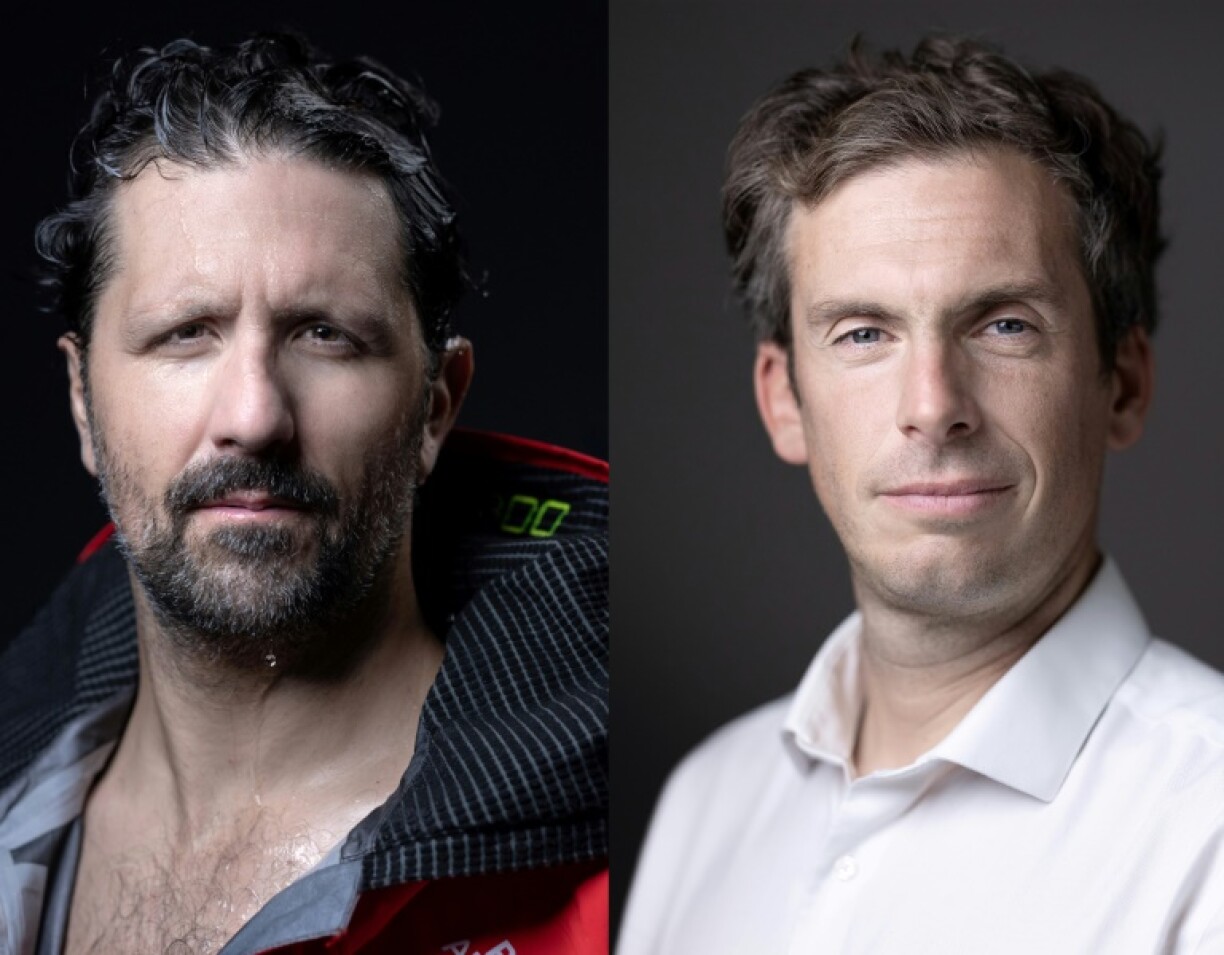 Le navigateur français Yoann Richomme (gauche), le 6 février 2024 à Paris, et le skipper français Charlie Dalin, le 19 septembre 2024 à Paris