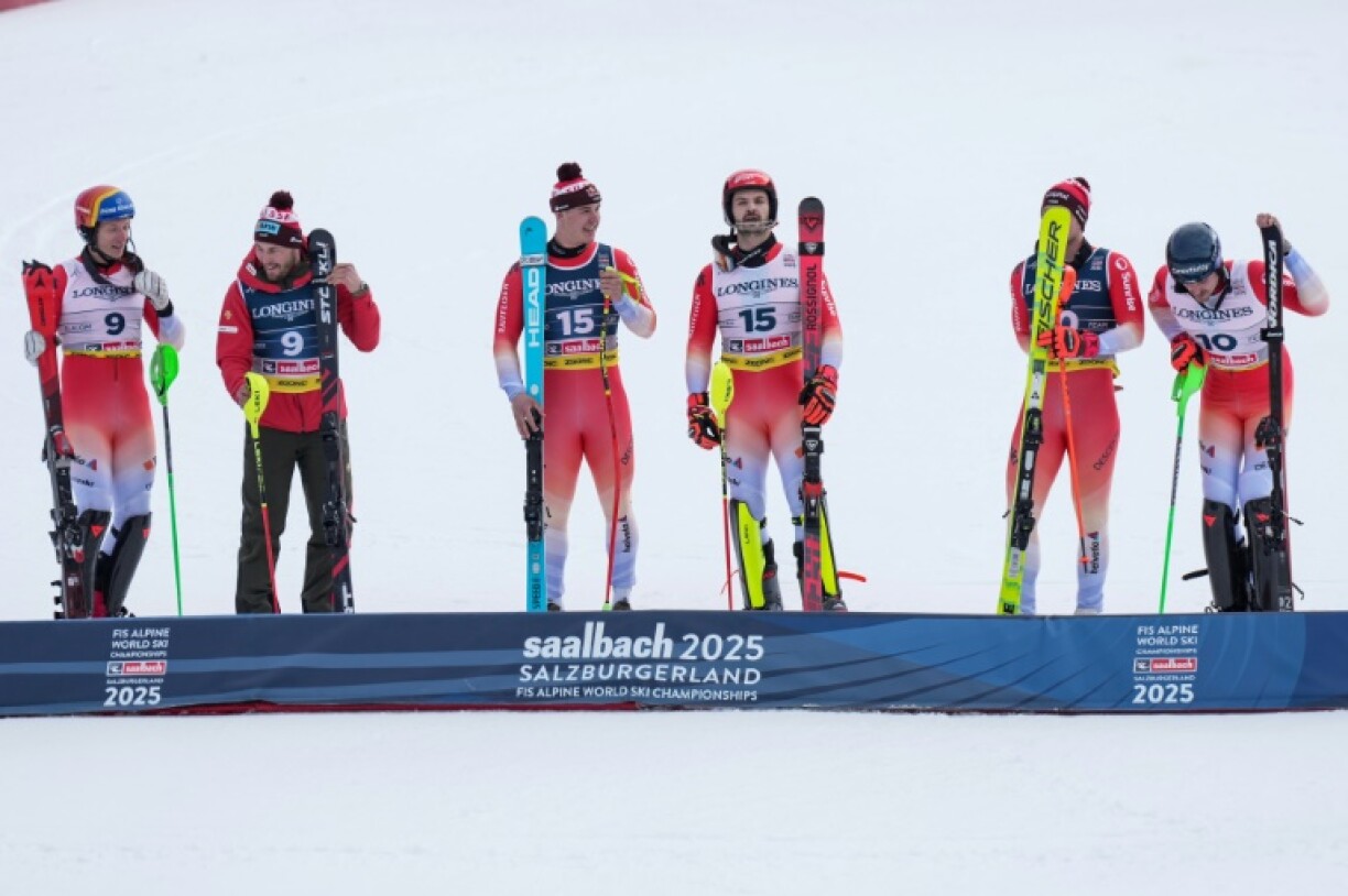 Franjo von Allmen and Loic Meillard (C) led a clean sweep for the Swiss in the men's team combined at the World Ski Championships