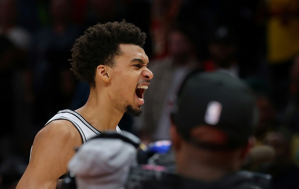 Victor Wembanyama of the San Antonio Spurs reacts after their 126-125 NBA win over the Atlanta Hawks