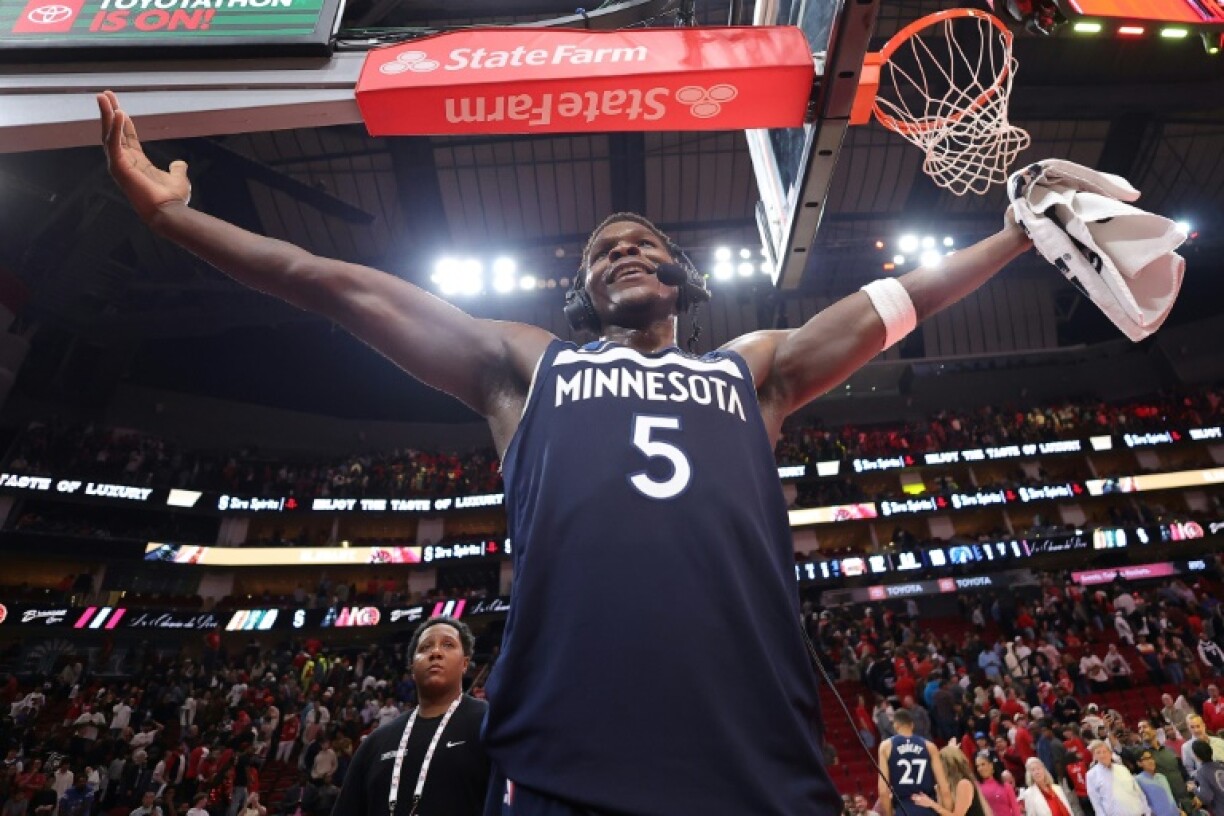 Minnesota Timberwolves star Anthony Edwards reacts after an NBA victory over the Houston Rockets
