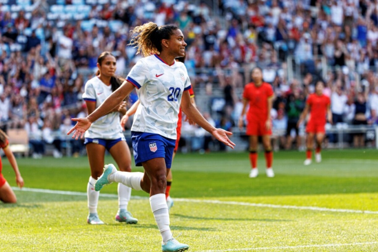 Catarina Macario celebrates her opening goal for the USA in a 3-0 win over China on Saturday