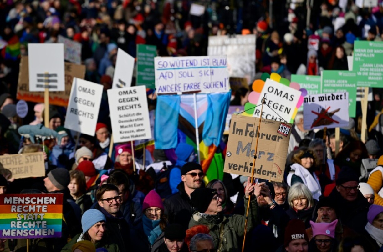 Demonstrators rally against the far right on February 16, 2025 in Berlin, one week ahead of general elections