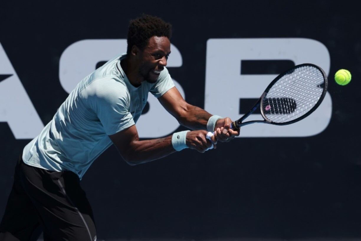 France's Gael Monfils hits a return to Belgium's Zizou Bergs during their men's singles final match at the ATP Auckland Classic