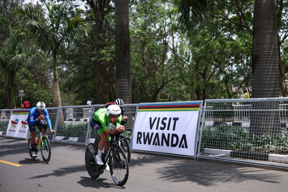 Tadej Pogacar training on the course in Kigali when Rwanda hosted the Cycling World Championships in 2025.