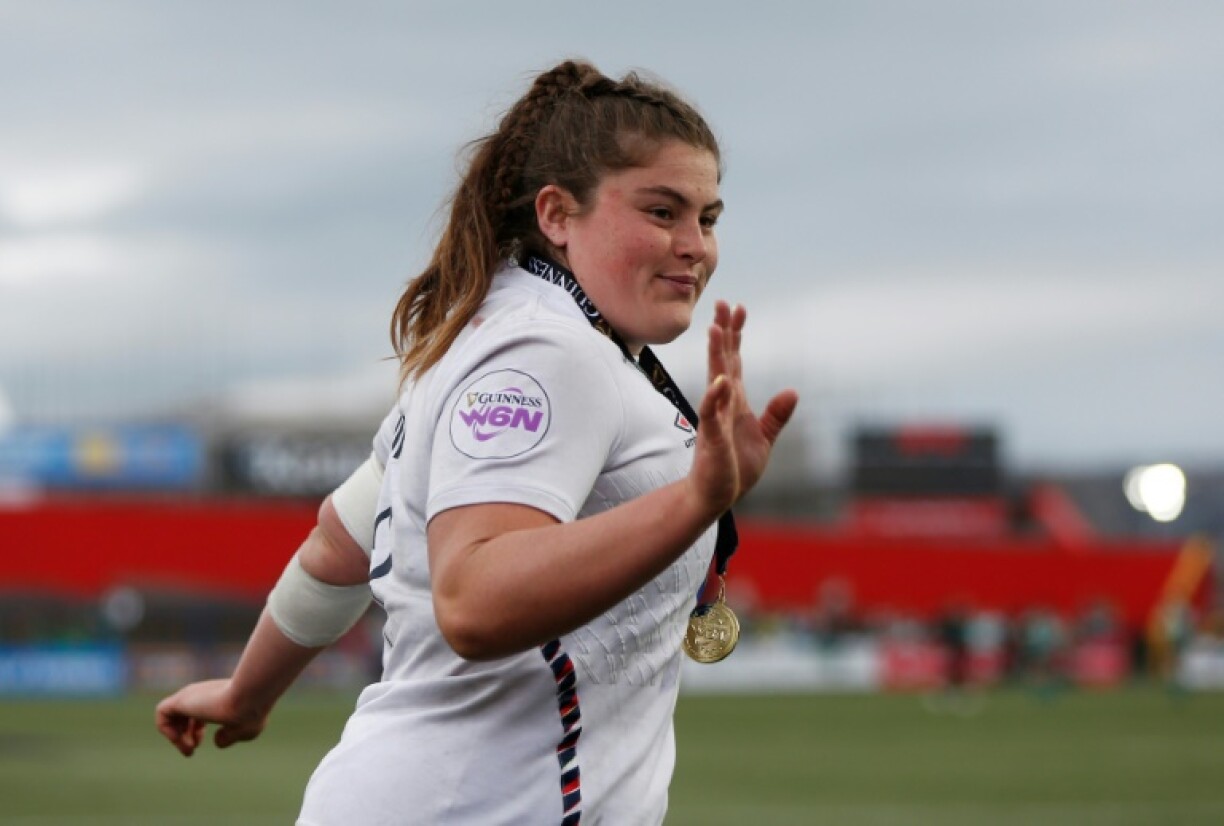 England prop Maud Muir celebrates after a 49-5 Six Nations win over Ireland in Cork in April