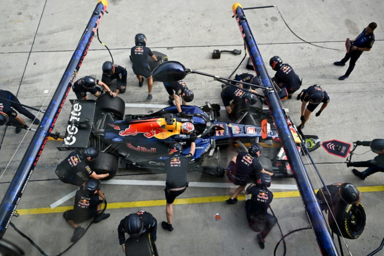 Red Bull Racing's Max Verstappen waits in the pit lane during the second practice session