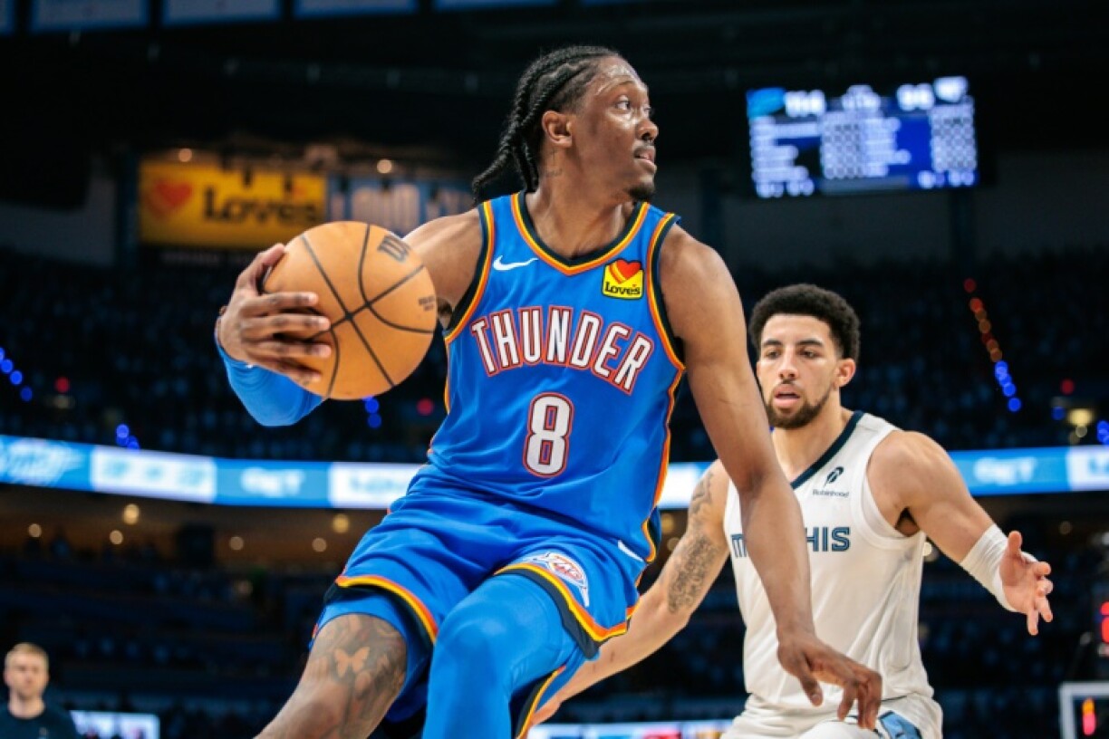 Jalen Williams of the Oklahoma City Thunder drives to the basket in the Thunder's victory over the Memphis Grizzlies in game two of their NBA playoff series