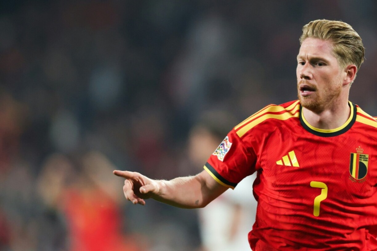 Le milieu de terrain et double buteur de la Belgique Kevin De Bruyne célèbre son but contre la Turquie en Ligue des nations (groupe A1) à Liège le 2 octobre 2026