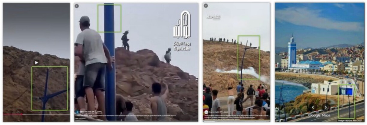 From left: Screenshot comparisons highlighting the blue street light in the Tanja7, Algeria Gate and Hespress videos, and the Google Maps photo