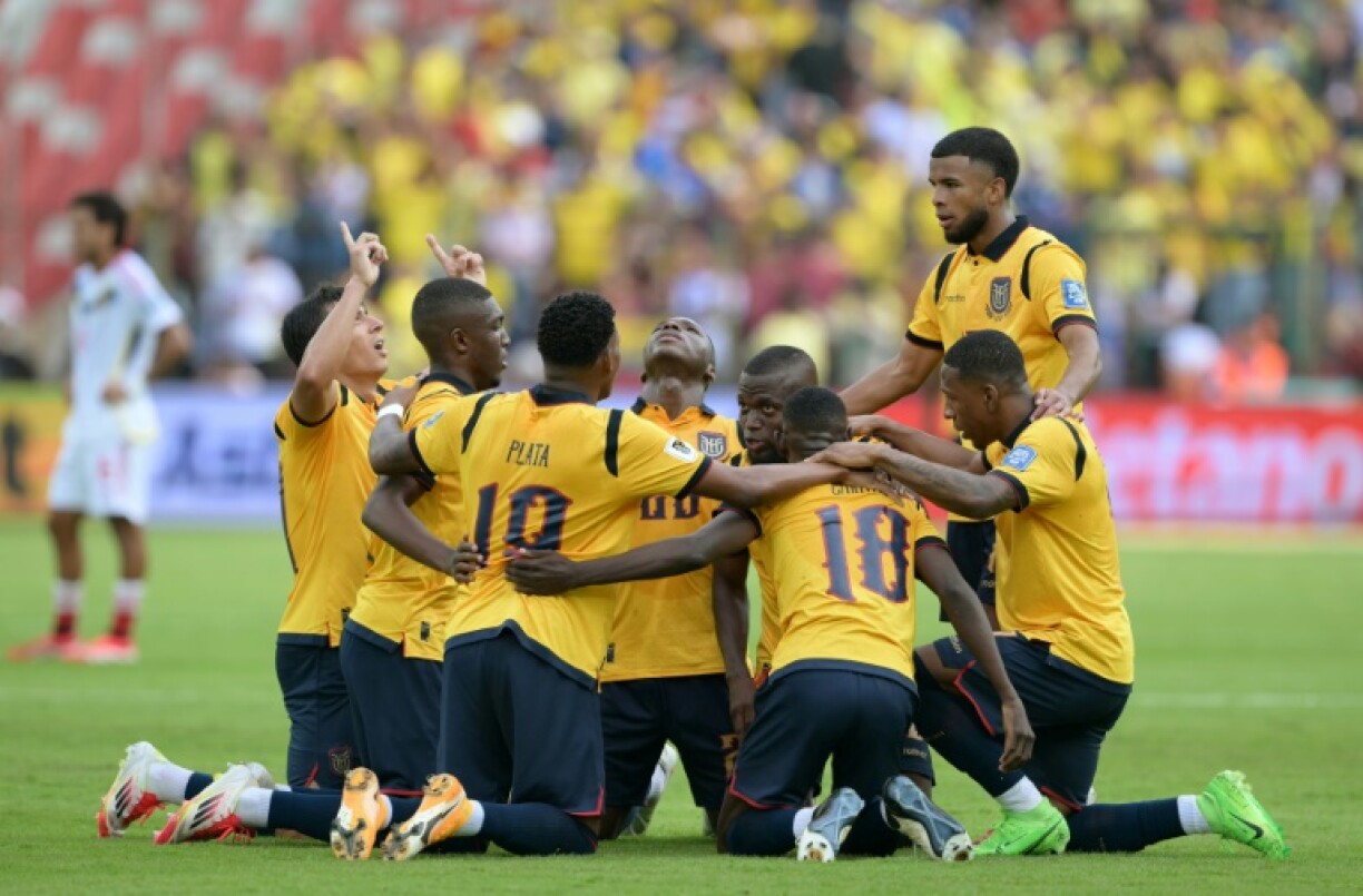 Ecuador's players celebrate during a win over Venezuela that leaves them poised to qualify for the World Cup