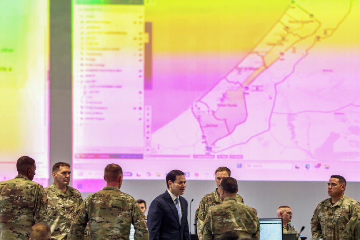 US Secretary of State Marco Rubio speaks with US military personnel as he visits the Civil-Military Coordination Center in southern Israel