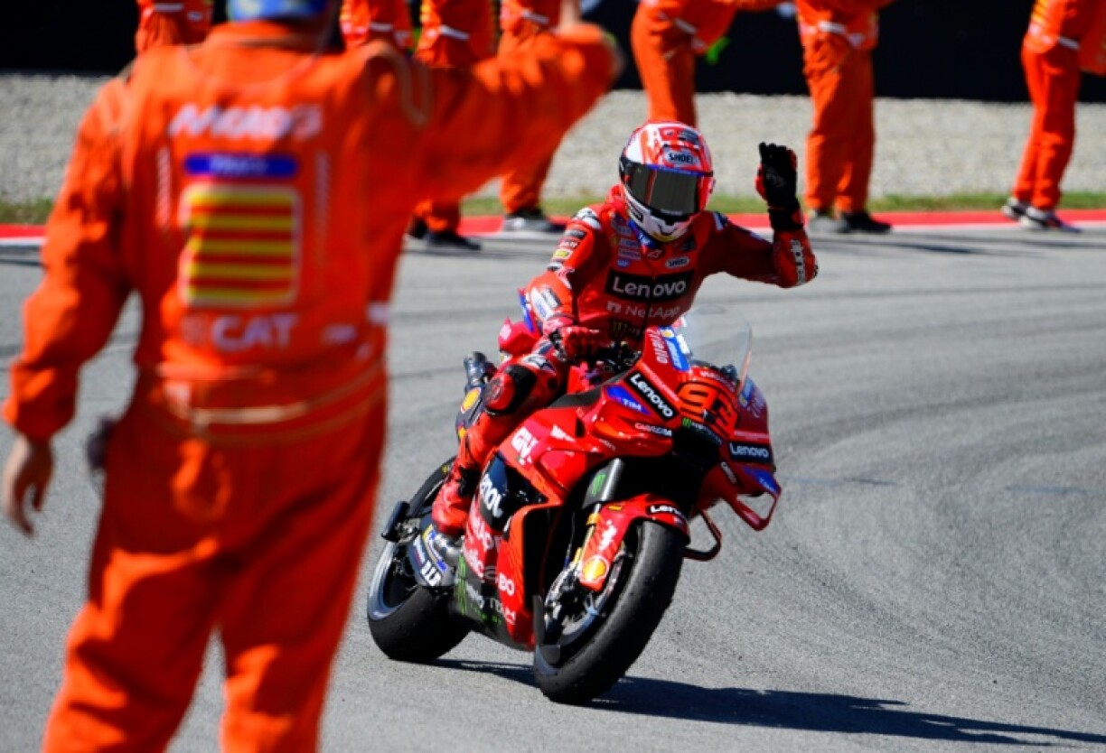 Ducati's Spanish rider Marc Marquez celebrates winning the MotoGP Sprint at Montemelo, Catalunya