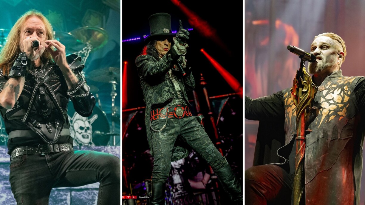 Hammerfall lead vocalist Joacim Cans (left), shock rock icon Alice Cooper (centre), and Powerwolf singer Karsten Brill, aka Attila Dorn (right), performing at the Rockhal.