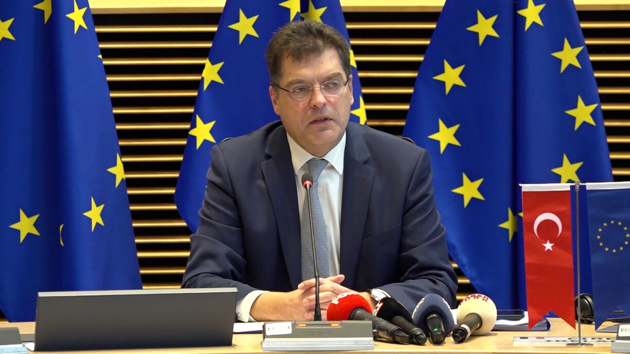 EU Commission Crisis Management Member Janez Lenarcic holds a press conference on February 06, 2023 in Brussels, Belgium.