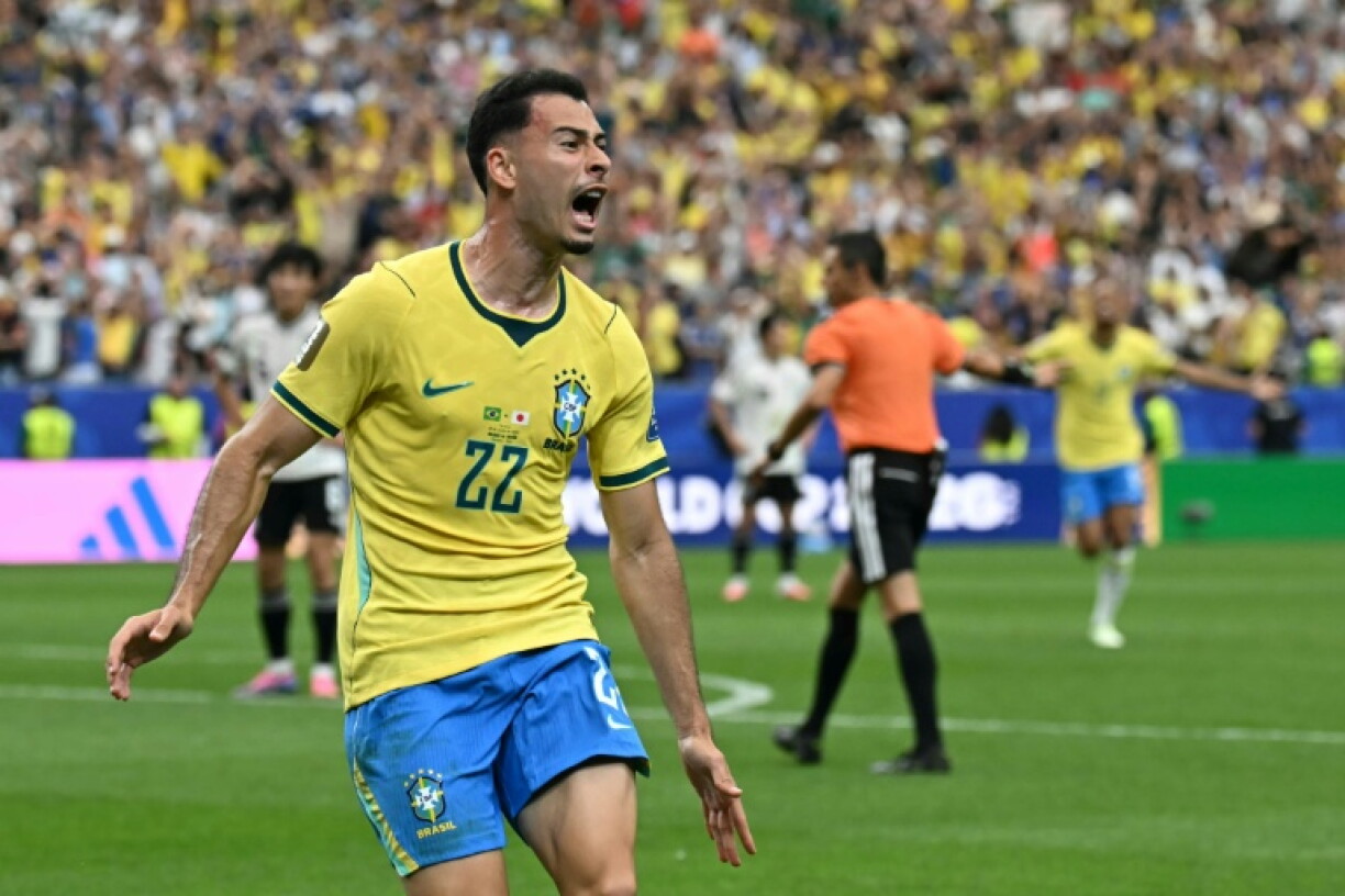 L'attaquant du Brésil Gabriel Martinelli célèbre le but de la qualification en 8es de finale du Mondial-2026, qu'il a inscrit face au Japon, à Houston, le 29 juin 2026