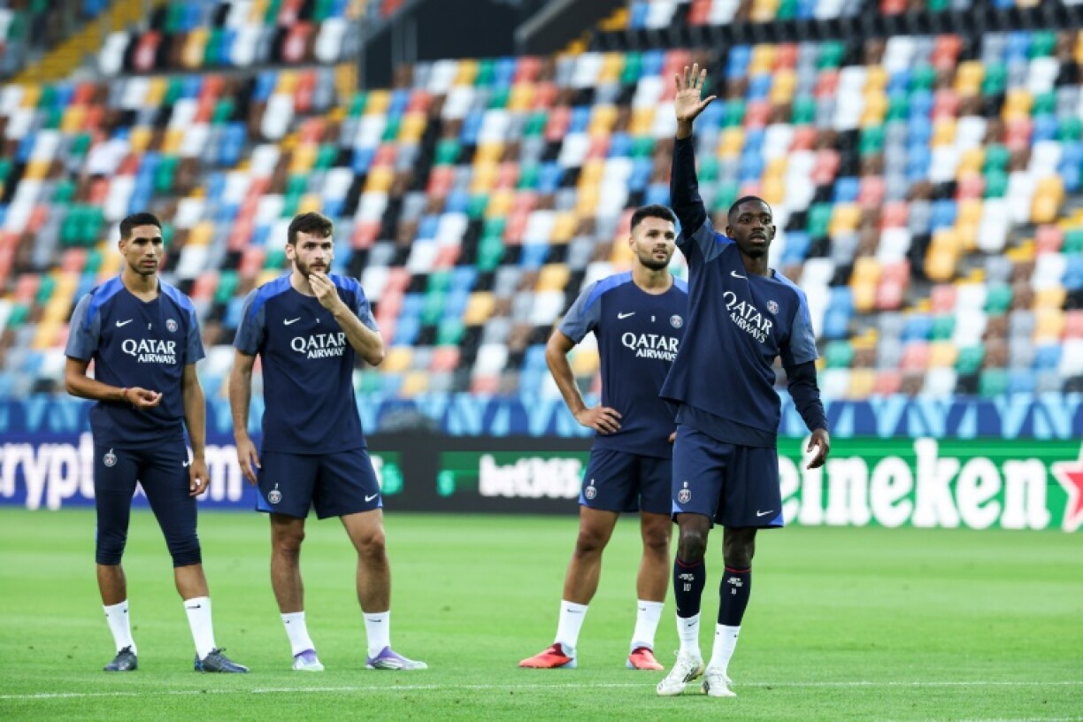 Ousmane Dembele (R) and Paris Saint-Germain teammates Goncalo Ramos, Khvicha Kvaratskhelia and Achraf Hakimi are back in action again after a short summer break