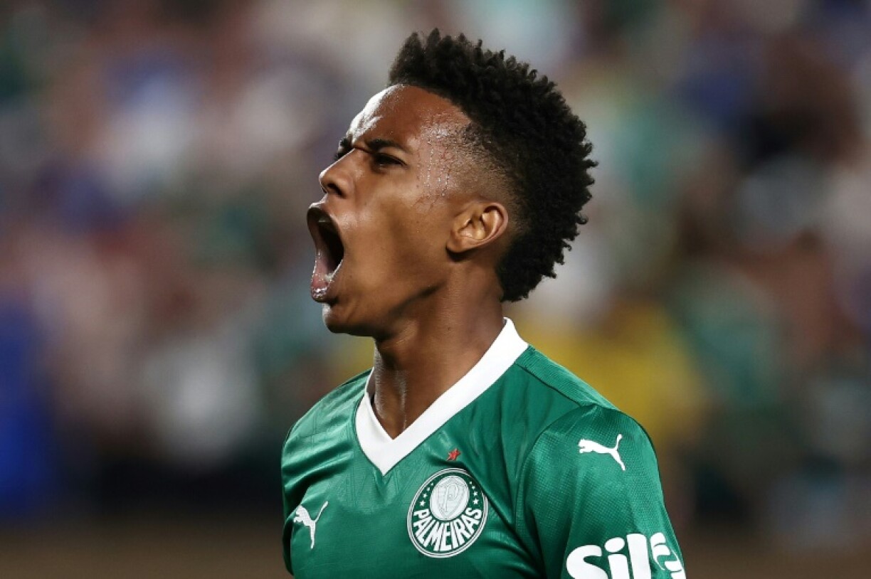 Estevao Willian celebrates after scoring the equaliser for Palmeiras early in the second half