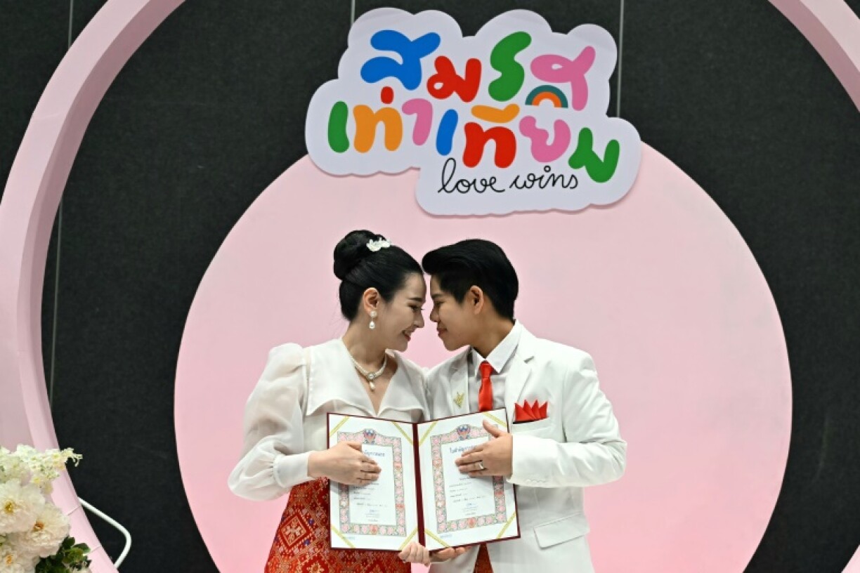 Ploynaplus Chirasukon (left) and Kwanporn Kongpetch after registering their marriage