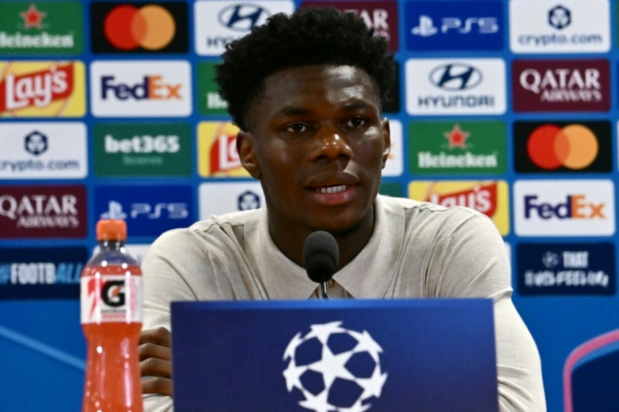 Le milieu de terrain du Real Madrid Aurelien Tchouameni durant la conférence de presse de veille de match de Ligue des champions contre l'AS Rome le 13 octobre 2026 au Stade olympique de Rome