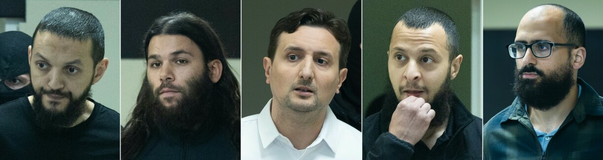 This combination of pictures created on July 25, 2023 shows (from L) defendants Mohamed Abrini, Osama Krayem, Ali El Haddad Asufi, Salah Abdeslam, and Bilal El Makhoukhi as they arrive at a hearing for the verdict reading in the trial of the 2016 jihadist attacks on Brussels' Zaventem airport and Maalbeek/Maelbeek metro station, at the Bruxelles-Capital Assizes Court in the Justitia site in Haren, Brussels, on July 25, 2023.