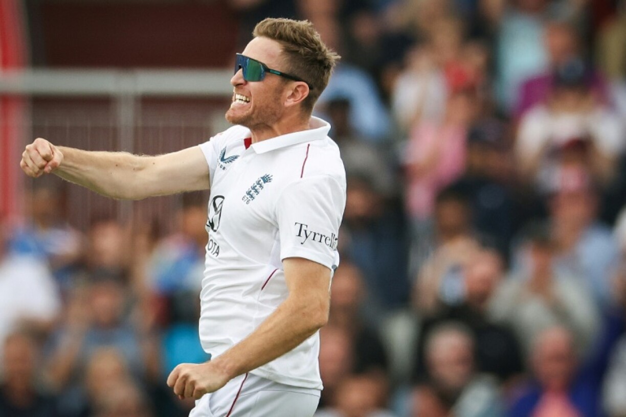 England's Liam Dawson celebrates his dismissal of India's Yashasvi Jaiswal in the fourth Test at Old Trafford