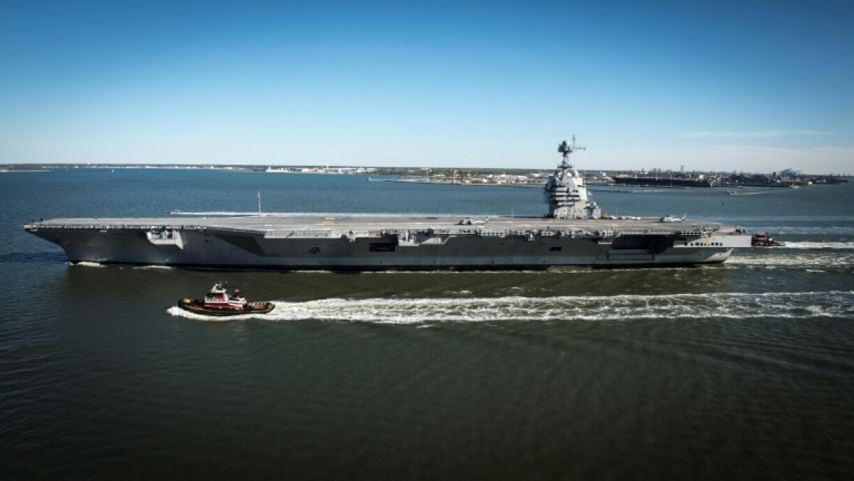 The aircraft carrier USS Gerald R. Ford on a test cruise April 8, 2017 near Newport News, Virginia