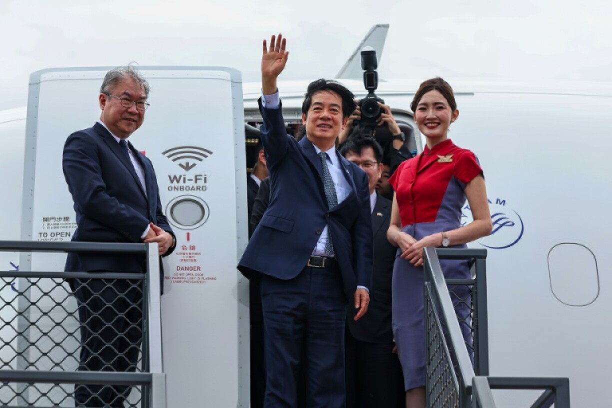 Taiwanese President Lai Ching-te waves upon arriving in the Marshall Islands, one of Taipei's few remaining diplomatic allies