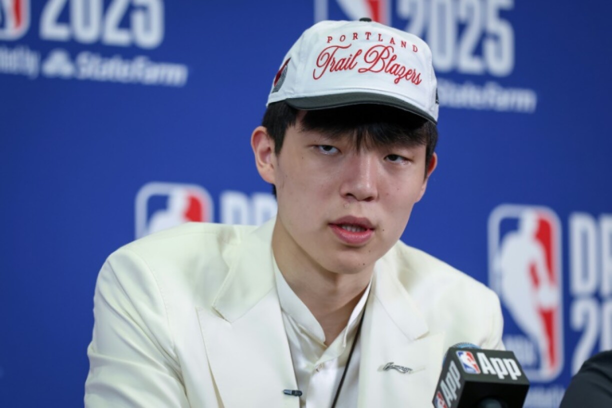 Yang Hansen speaks to the media after being drafted 16th oveall by the Memphis Grizzlies then traded to the Portland Trail Blazers at the NBA draft