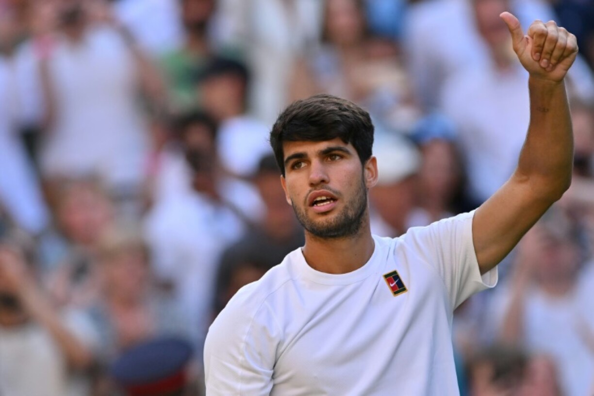 Spain's Carlos Alcaraz celebrates after reaching the Wimbledon semi-finals