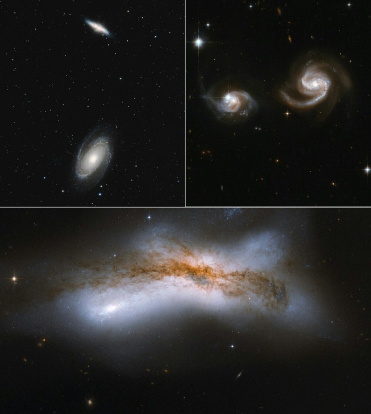Three possible scenarios: top left shows two galaxies missing each other, top right shows some friction, with a full-on collision depicted below