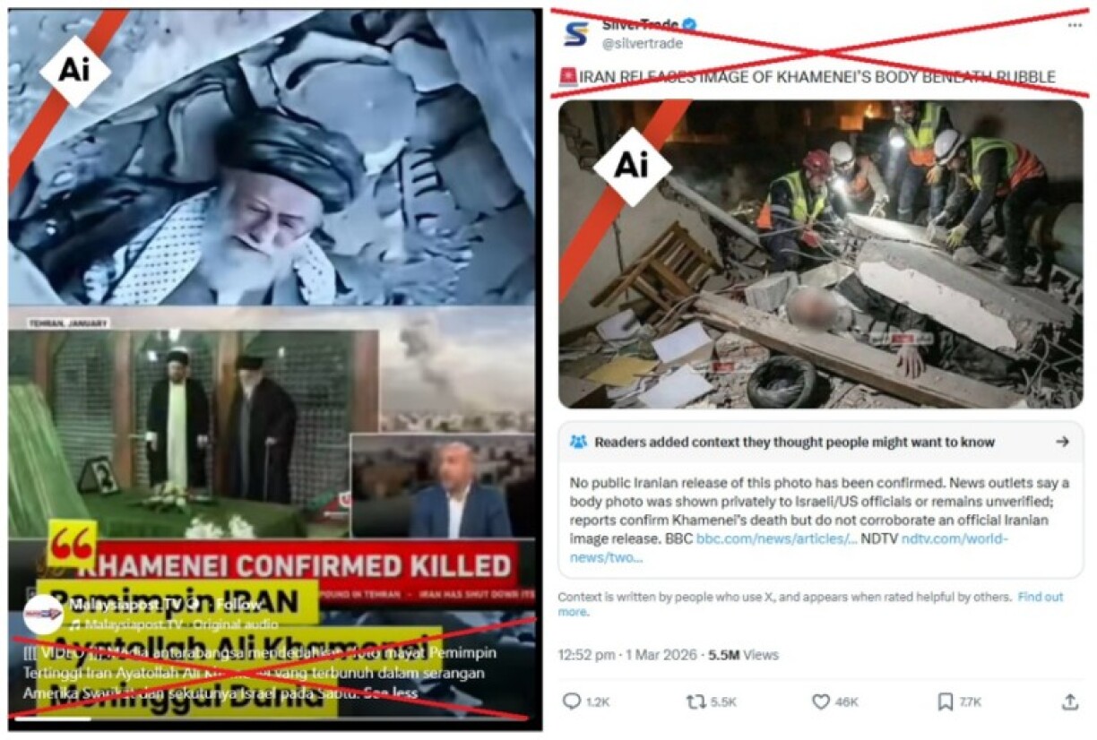 Screenshots of the false posts captured on March 2, 2026, with AI symbols and red Xs added by AFP