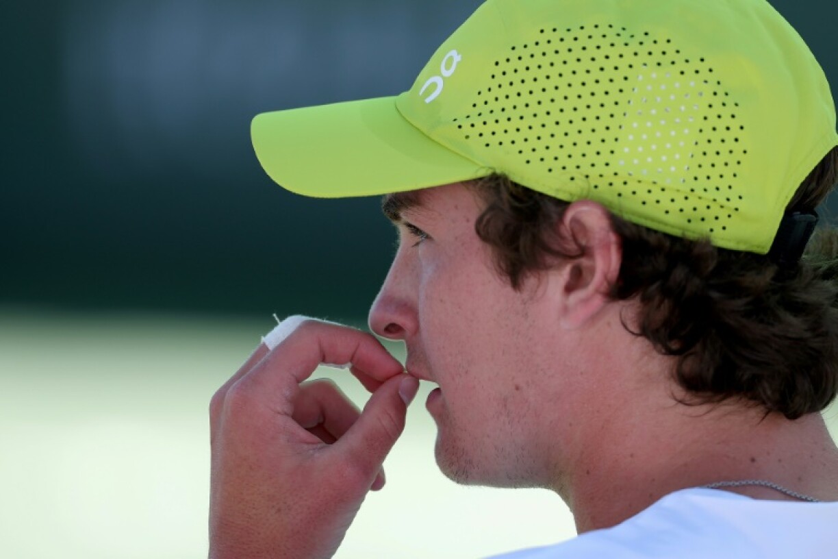 Joao Fonseca of Brazil thinks things over during his second-round loss to Briton Jack Draper at Indian Wells