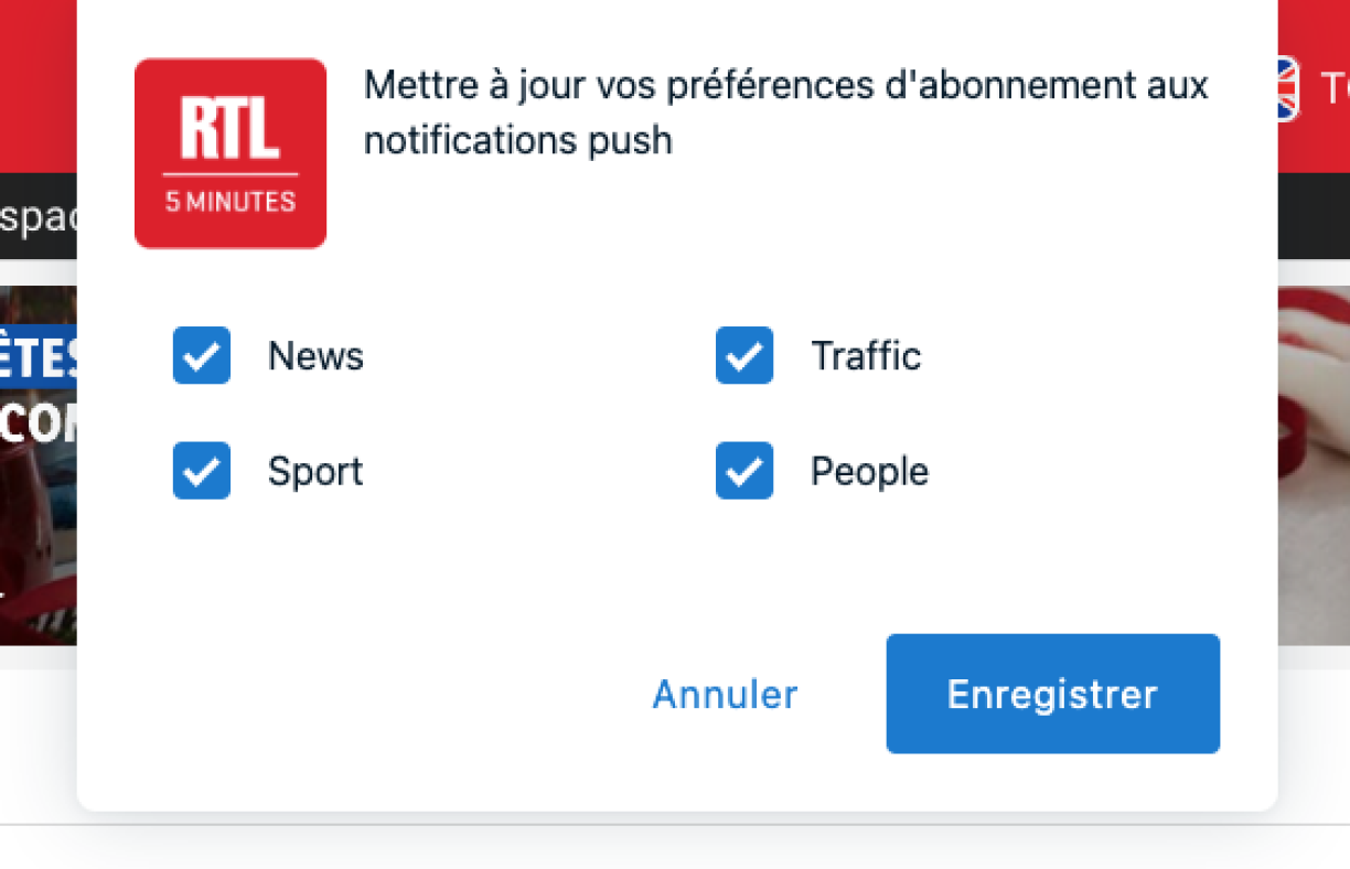 Voici l'écran de sélection des catégories du Webpush.