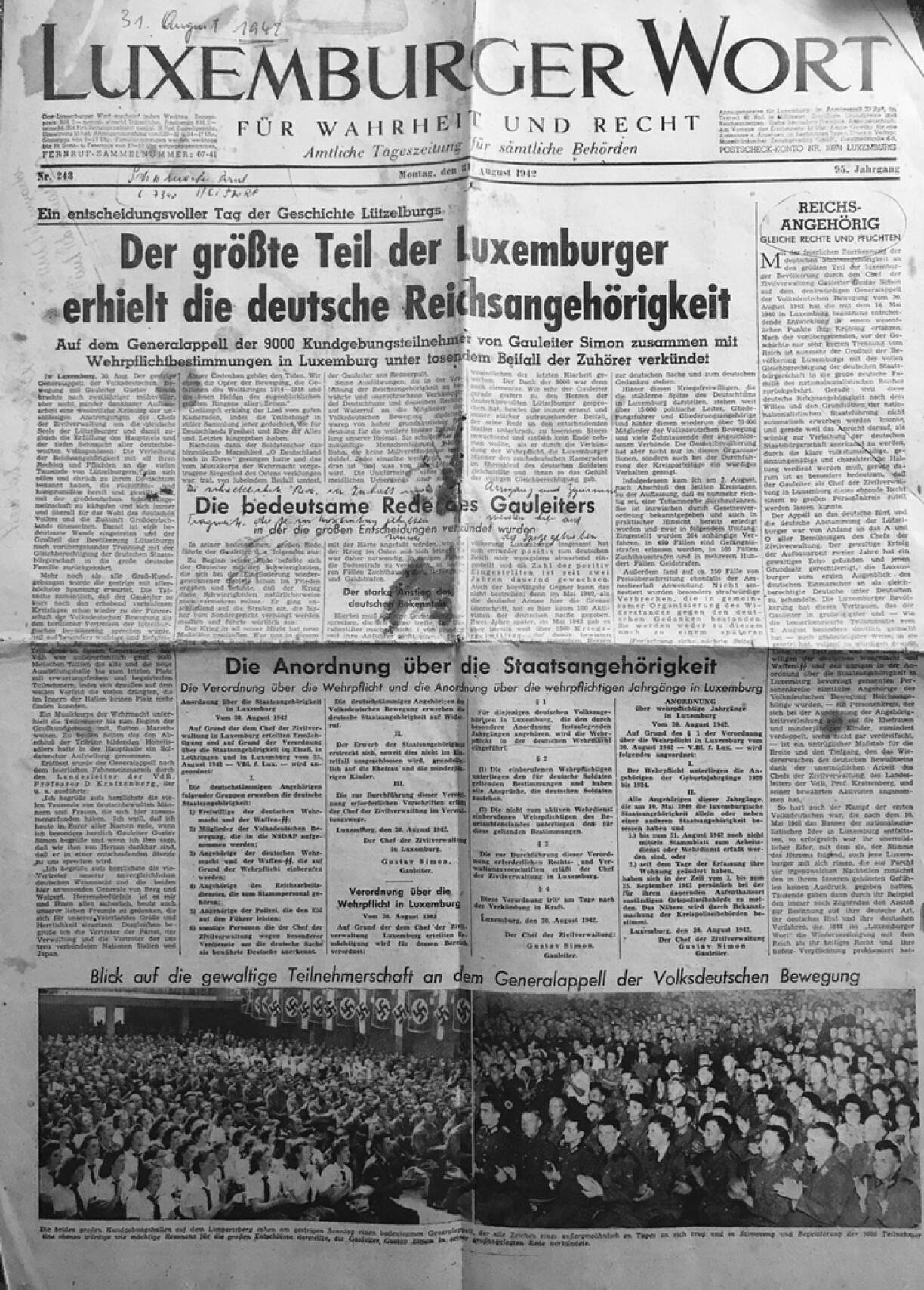 Luxemburger Wort, 31 August 1942. Bottom of the page: the exhibition hall where Simon gave the fateful announcement.