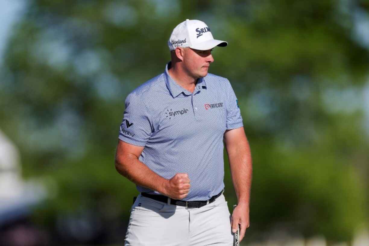 Sepp Straka of Austria reacts after a par at 18 on the way to a share of the 54-hole lead at the PGA Tour Truist Championship