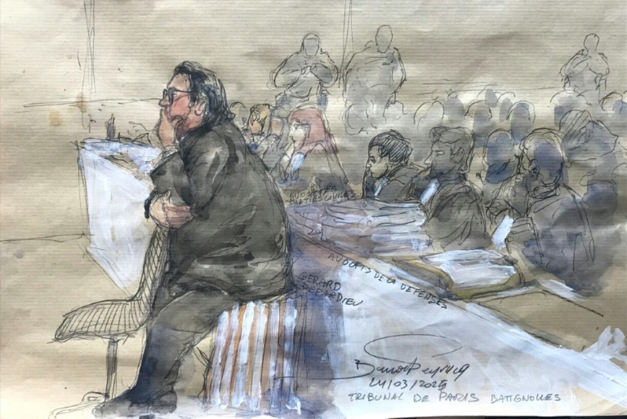 A court sketch shows French actor Gerard Depardieu looking on during his sexual assault trial in Paris