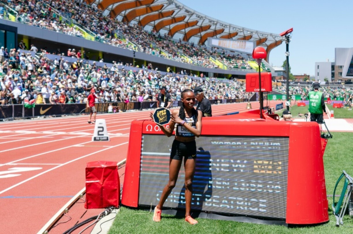 Kenya's Beatrice Chebet wins the 5,000m in a world record of 13:58.06 at the Eugene Diamond League athletics meeting